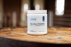 NuEthix Nu-Glutamine powder label highlights USA-made quality.