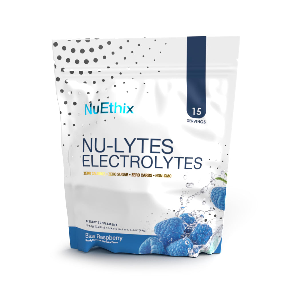 NuEthix NU-LYTES blue raspberry powder dissolving in water for refreshing hydration