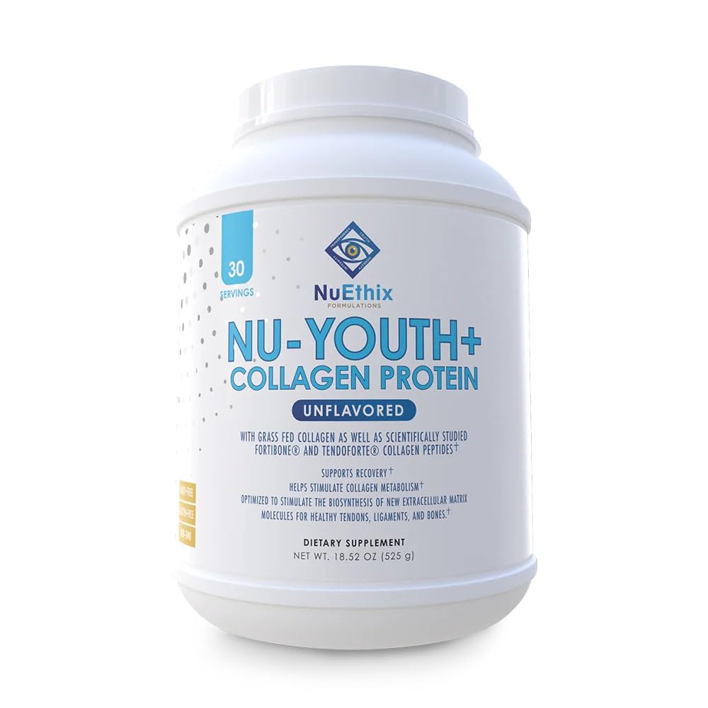 NuEthix Nu-Youth collagen protein bottle highlighting joint support and nails care.
