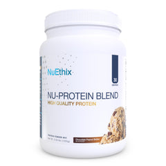 Nu-Protein Blend peanut butter chocolate tub close-up for convenient protein access.