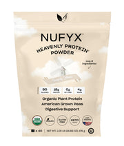 NUFYX Heavenly Protein Powder bottle shows clean, plant-based nutrition.