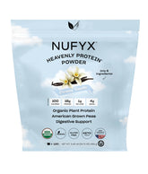 NUFYX Heavenly Protein Powder vanilla tub closeup highlighting clean ingredient list