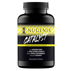 Nugenix Catalyst bottle front highlighting premium performance support for workouts