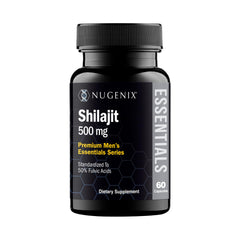 Nugenix Essentials Shilajit bottle and cap highlighting premium Himalayan extract for daily vitality