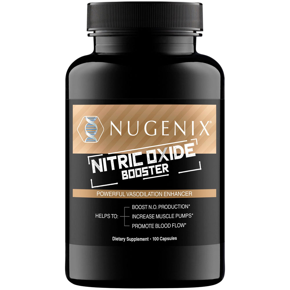 Nugenix Nitric Oxide bottle front, premium NO booster for potential blood flow support
