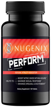Nugenix Perform bottle with pour—potential daily vitality support for workouts.