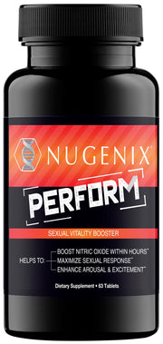 Nugenix Perform bottle with pour—potential daily vitality support for workouts.