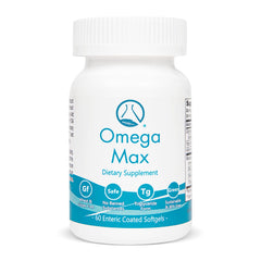 Nugevity Omega Max bottle with capsules, engineered to support heart and brain health.