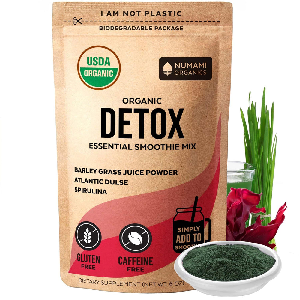 Numami Detox smoothie spirulina and dulse powder in a bottle for convenient daily blends.