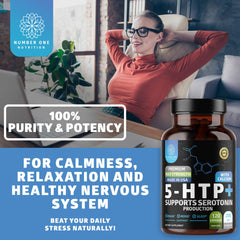 Diagram highlighting calcium aiding 5-HTP conversion in Number One Nutrition product.