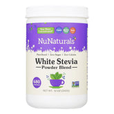 NuNaturals white stevia powder bottle for zero-calorie sweetness.