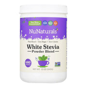NuNaturals white stevia powder bottle for zero-calorie sweetness.