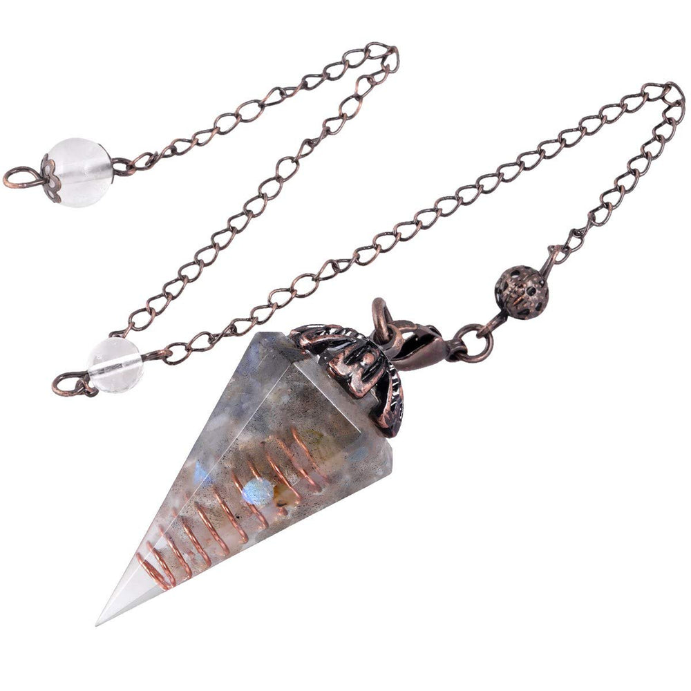 Nupuyai crystal point pendulum featuring Labradorite for mindful divination.