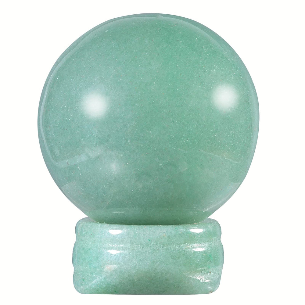 Nupuyai green aventurine sphere on its stand calms room energy.
