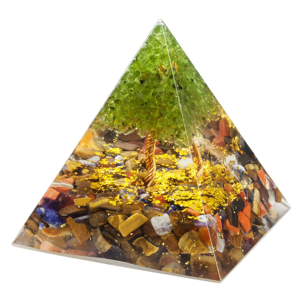 Nupuyai Tree of Life Peridot Pyramid with green tree detail, ideal for meditation and positive energy at home.