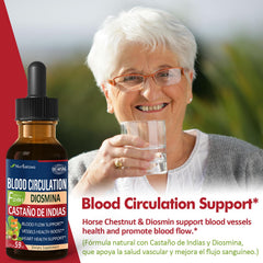Nurbetoxa Blood Circulation Drops label highlights Horse Chestnut and Diosmin ingredients.