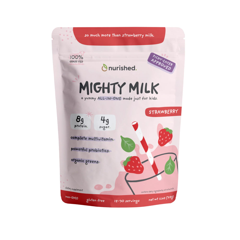 Nurished Mighty Strawberry Milk pouch front showing kid-friendly nutrition and design.