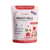 Nurished Mighty Strawberry Milk pouch front showing kid-friendly nutrition and design.