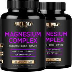 NURTURLY Magnesium Citrate & Oxide bottle shows high absorption 500mg formula for daily support