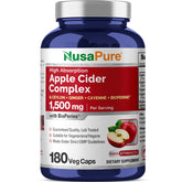 NusaPure Apple Cider Vinegar Complex bottle on shelf, highlighting vegan-friendly capsules.