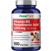 NusaPure B5 pantothenic acid 1200mg capsules for daily wellness, vegetarian-friendly.