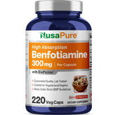 NusaPure Benfotiamine 300mg capsules pack highlighting high-absorption potential for daily energy