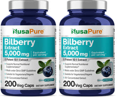 NusaPure Bilberry Extract bottle shows 5,000 mg per serving for daily support