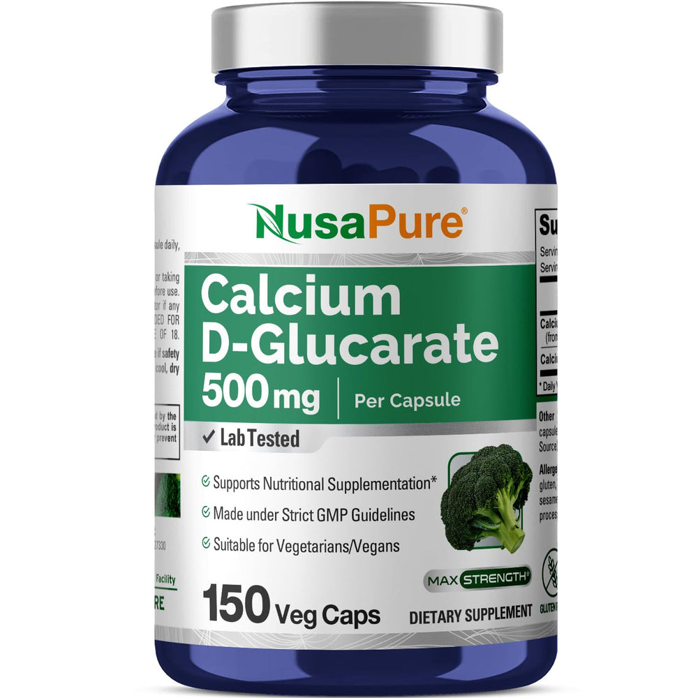 NusaPure Calcium D-Glucarate bottle front signaling vegan, gluten-free daily supplement