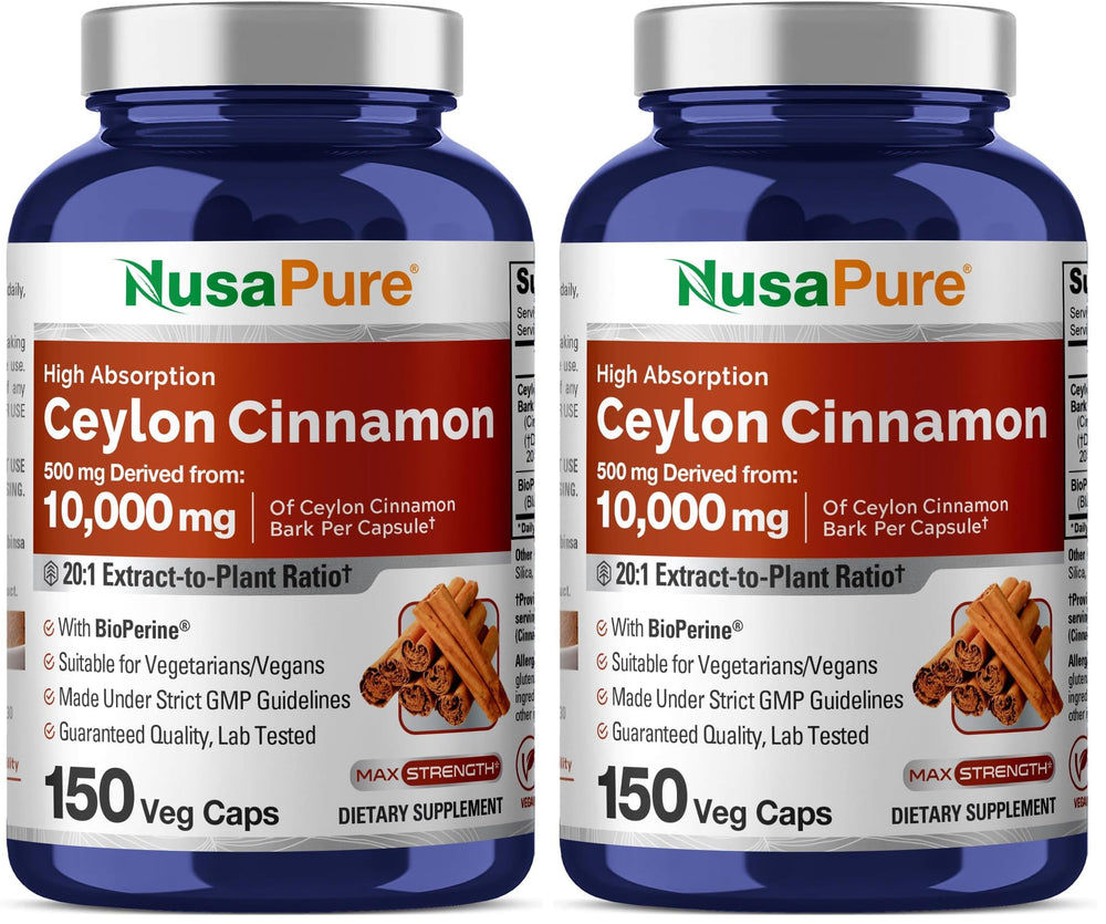 NusaPure Ceylon Cinnamon bottle shown as a premium daily supplement.