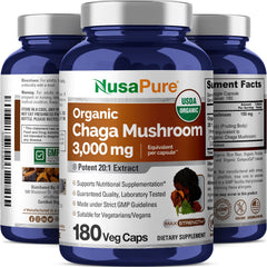 NusaPure Chaga 20:1 packaging close-up emphasizing 180-count vegan capsules