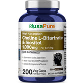 NusaPure Choline & Inositol bottle displaying 1000mg serving for vegan nutrition