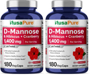 NusaPure D-Mannose Complex bottle showcased for daily wellness with hibiscus and cranberry.