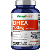 NusaPure DHEA 100mg bottle front with vegan, non-GMO capsules for daily routines.