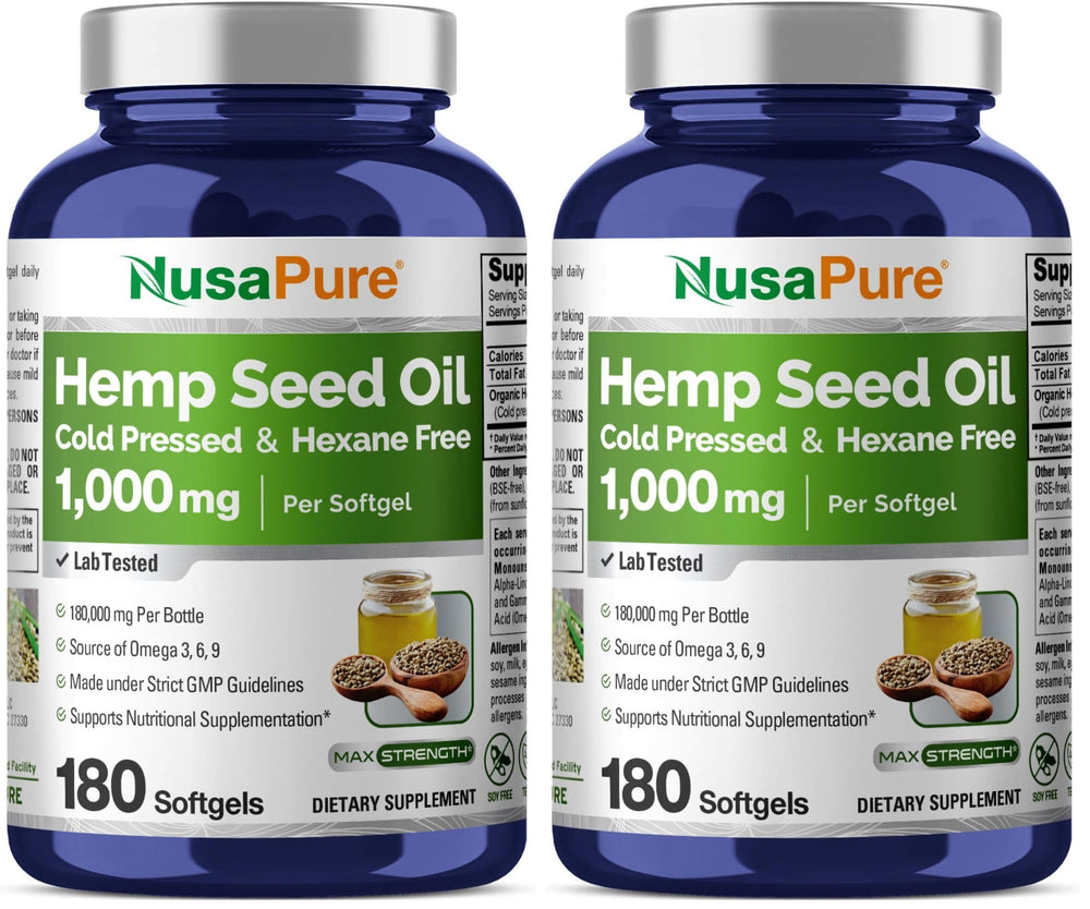 NusaPure Hemp Seed Oil 1000mg bottle front for daily omega-3-6-9 support