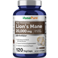 NusaPure Lions Mane 20:1 extract bottle suggests potential mental clarity support