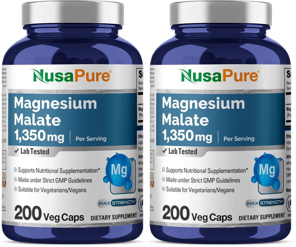 NusaPure Magnesium Malate 1350mg per serving bottle, highlighting potent daily mineral support for active adults