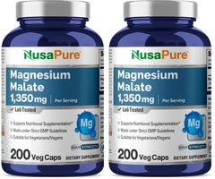 NusaPure Magnesium Malate 1350mg per serving bottle, highlighting potent daily mineral support for active adults