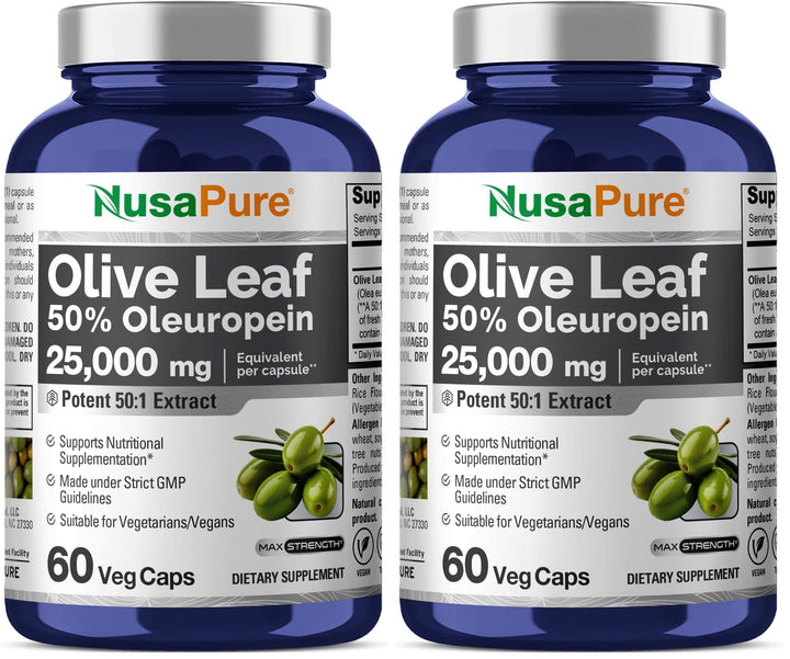NusaPure Olive Leaf 50:1 extract bottle highlights potent vegan capsules for daily support.