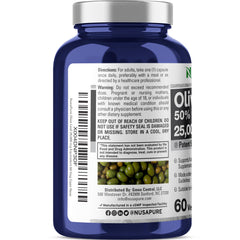 NusaPure Olive Leaf 50:1 extract label shows premium quality and 60 capsules per bottle.