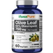 NusaPure Olive Leaf Extract 750mg bottle label highlights 50% oleuropein for daily use.