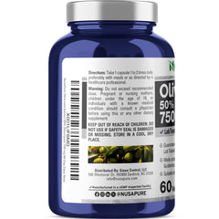 NusaPure Olive Leaf Extract 750mg oleuropein graphic emphasizes potency and quality.