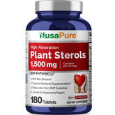NusaPure Plant Sterols bottle label shows 1500 mg per serving for everyday wellness