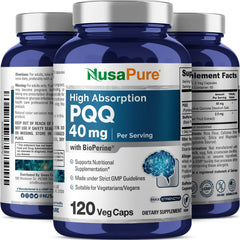 NusaPure PQQ label shows vegan and non-GMO symbols.