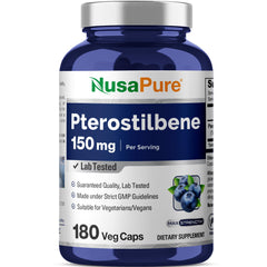 NusaPure Pterostilbene bottle front for easy daily supplementation.