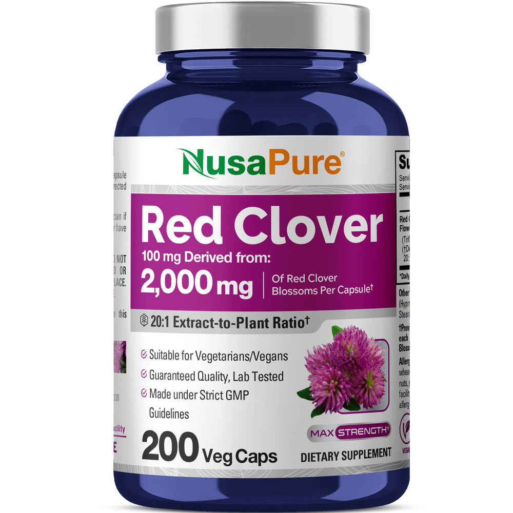 NusaPure Red Clover Blossoms bottle for daily vegan supplementation.