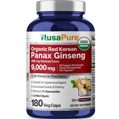 NusaPure Red Korean Panax Ginseng bottle showing 20:1 extract and capsules