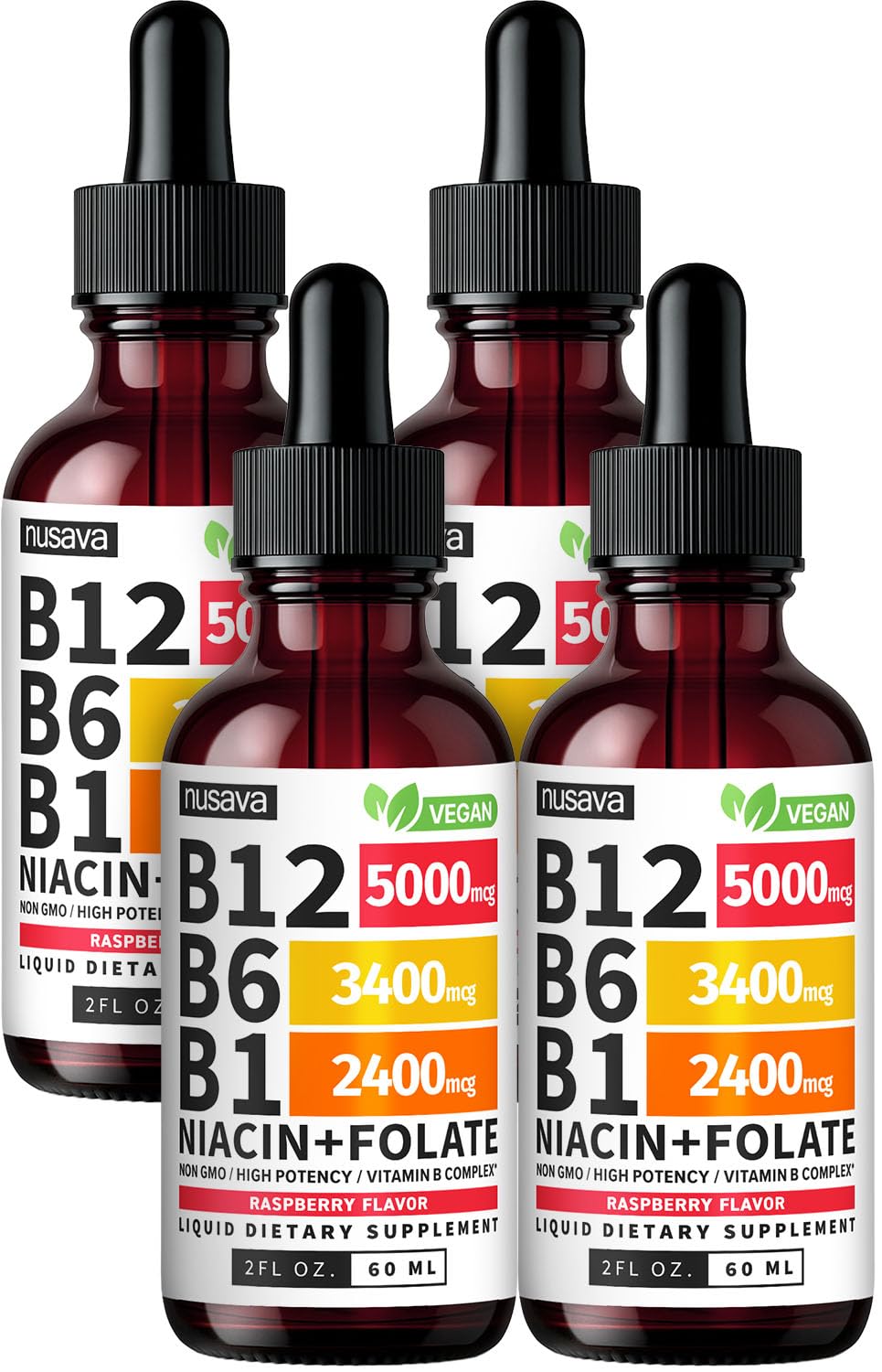 NUSAVA B12 Drops bottle front with raspberry flavor and daily energy potential