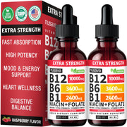 NUSAVA B12 drops bottle front showing raspberry flavor and potency.