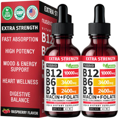 NUSAVA B12 drops bottle front showing raspberry flavor and potency.