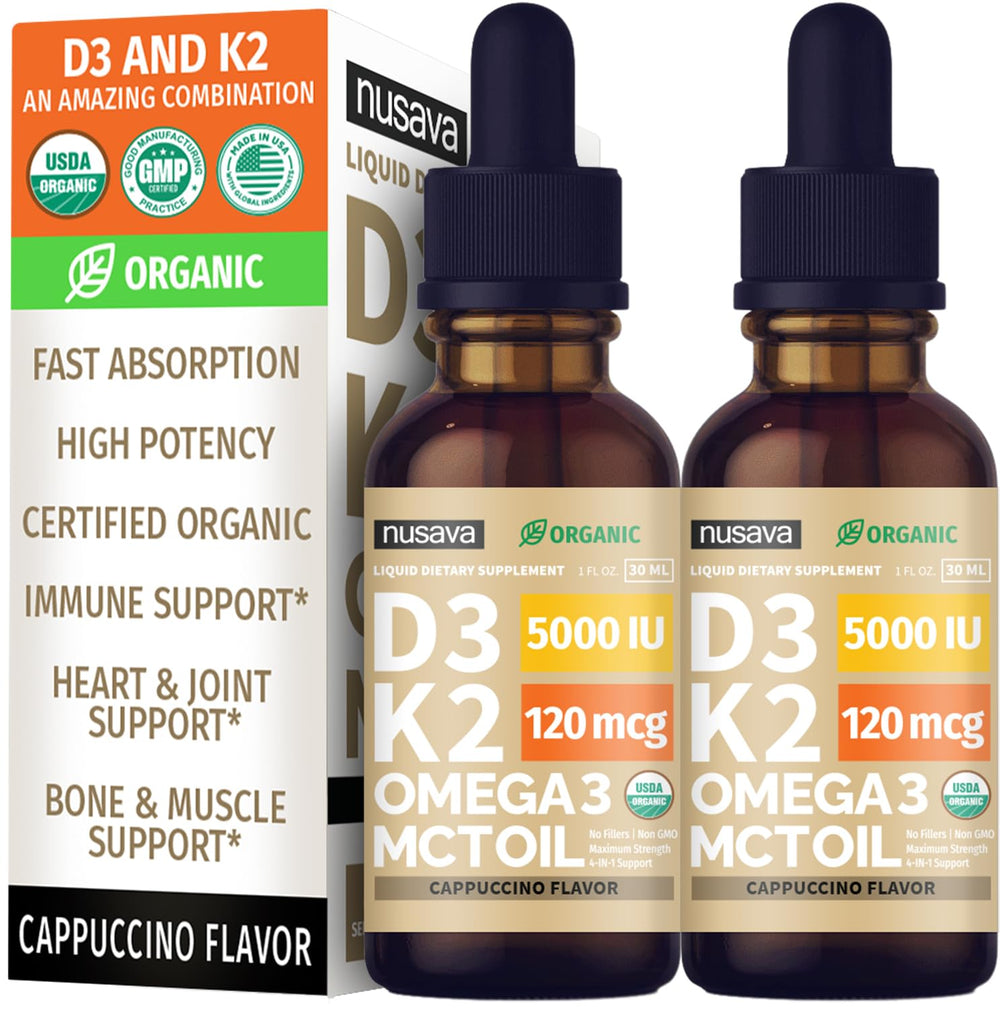 NUSAVA D3 K2 cappuccino bottle front for daily wellness.